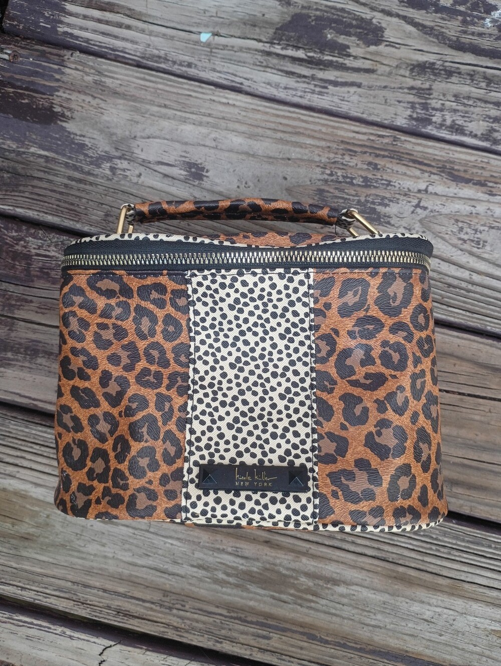 Nicole Miller Leopard Print Cosmetic Case in Brown and Black with Cream Panel